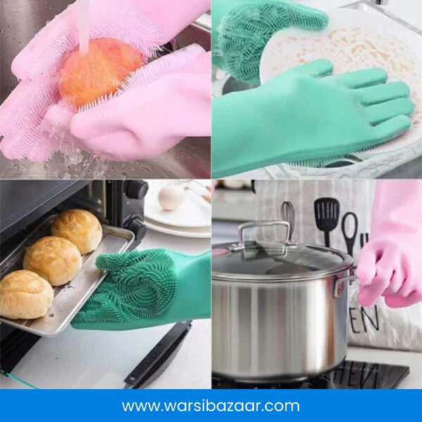 Reusable silicone gloves for heat-resistant household cleaning.