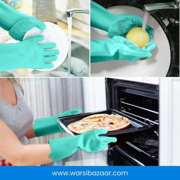 Heat resistant silicone washing gloves for kitchen cleaning tasks.