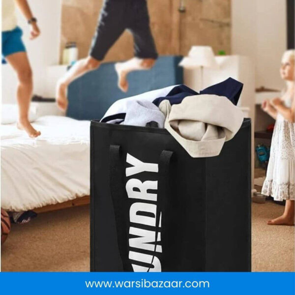 Stylish foldable laundry basket displayed in a modern home, emphasizing its ease of storage.