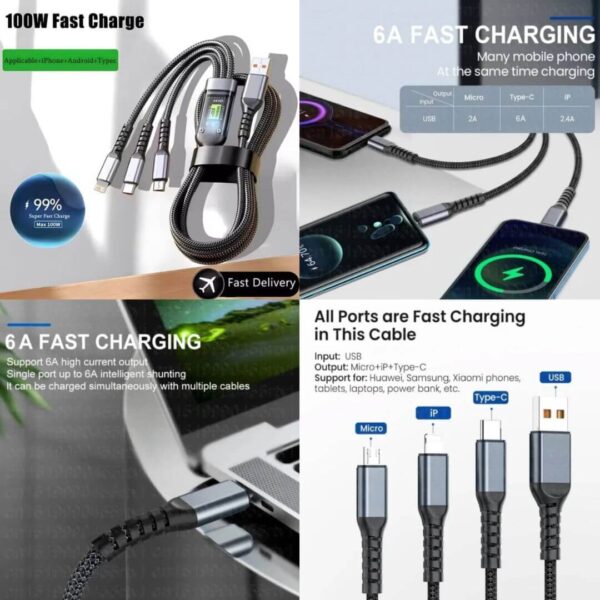 100W 3-in-1 Charging Cable with USB, Type-C, and Lightning support