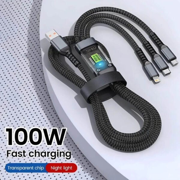 100W 3-in-1 Charging Cable with USB, Type-C, and Lightning support